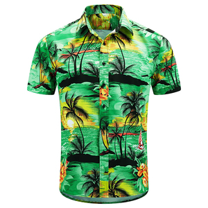 Chemise hawaïenne à manches courtes pour homme, verte, à imprimé palmiers tropicaux, boutonnée, respirante, en popeline de polyester, pour les vacances d'été - Product Image 1