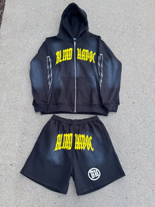 Applique Embroidered Distressed <b>Patch</b> Hoodie Acid Wash Vintage Hoodies <b>Shorts</b> Set 2 Piece Summer <b>Short</b> Set for <b>Men</b> Custom Logo - Product Image 5