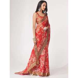 Magnifique saree de mariage en organza à imprimé floral rouge avec chemisier pour vêtements de mariage - Product Image 6