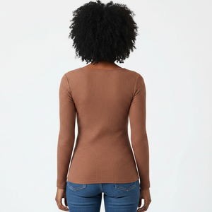 Women's Ribbed Long Sleeve Henley Top Snap <b>Button</b> Slim Fit Soft Fabric Custom Woven Label OEM Wholesale Factory - Product Image 2