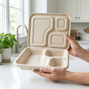 Barquette alimentaire jetable 3 compartiments en pulpe moulée la plus demandée avec couvercle, emballage alimentaire écologique en pulpe naturelle pour la restauration à emporter - Product Image 3
