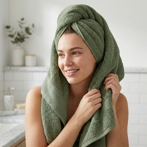 Premium Sage Green Solid Color Bath Towel 100% Cotton Ribbed Dobby Border Oeko-Tex Quick-Dry Absorbent High Density Wholesale - Product Image 6