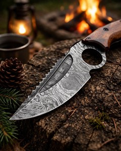 Cuchillo de Caza de Acero de Damasco con Mango de Madera, Hoja Serrada de Punta Caída, No Ajustable, Herramienta para Exteriores - Product Image 2
