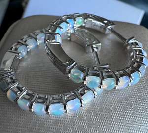 Boucles d'oreilles créoles opale, pierre précieuse naturelle à l'intérieur et à l'extérieur, en argent sterling, bijoux fins pour femmes - Product Image 4