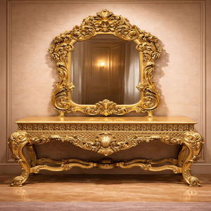 Dark teak wooden vanity console <b>table</b> with intricate pinecone carvings and mirror, available at wholesale prices. - Product Image 3