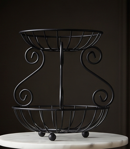 2-Tier <b>Black</b> Metal <b>Wire</b> Fruit Storage <b>Basket</b> with Scroll Accents Countertop Vegetable Organizer Stand - Product Image 2