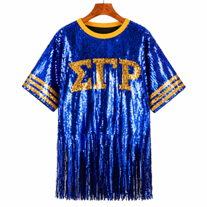 Gold Blue Personalized Sigma Gamma Rho Sgrho Tassel <b>Sequin</b> Jersey Sequined Dress Costume Loose <b>Bandeau</b> Fringed Crew Neck <b>Top</b> Tee - Product Image 4