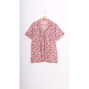 Ensemble décontracté 2 pièces pour femme, automne, 100 % coton tissé, motif floral, respirant, taille élastique, col rabattu, taille mi-haute, manches courtes, collection 2026 - Product Image 1