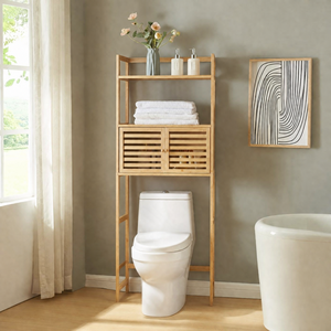 Luxury Blonde Teak Wood Over Toilet <b>Cabinet</b> Slatted Shutter Doors 3 Tier Restroom Organizer Shelf - Product Image 2