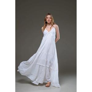 Vestido largo de encaje blanco para mujer, con tirantes finos, sin mangas, cuello en V, estilo bohemio, con volantes, para verano, playa o resort - Product Image 3