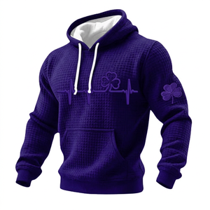 เสื้อฮู้ดดี้วาฟเฟิลสีม่วงสำหรับผู้ชาย พร้อมลาย Clover ECG ด้านหน้าและแขนเสื้อ สวมใส่สบายๆ ในฤดูใบไม้ร่วง - Product Image 4