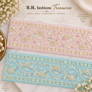 Bande de tissu en polyester et coton avec bordure en dentelle brodée florale, largeur 2''-2.875'', origine Inde, pour sacs, chaussures, vêtements, chapeaux, cadeaux - Product Image 1