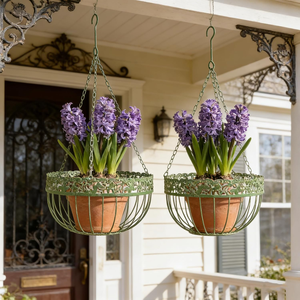 Green Metal <b>Hanging</b> Flower Pot <b>Basket</b> with Decorative Floral Rim Chain Support and Hook for Balcony Patio Garden Outdoor <b>Indoor</b> - Product Image 2