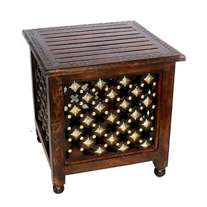 Mesa Auxiliar de Madera Hecha a Mano con Diseño de Rejilla, Patrón Floral Decorativo, Taburete de Madera con Espacio de Almacenamiento - Product Image 1