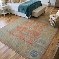 Tapis en laine noué à la main style Oushak, motifs floraux et bordure décorative, à poils ras, pour salon et chambre à coucher, coloris Rouille et Sauge