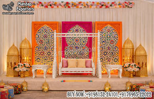 Vibrant Garba Night Decor Maharaja Golden <b>Swing</b> UK Luxury Indian Wedding Jhula Stage Decoration Golden <b>Frame</b> for Events - Product Image 6