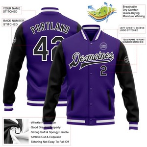 เสื้อแจ็คเก็ตวาร์ซิตี้สีม่วงดำขาวแบบสองสี  ติดกระดุมเต็มตัว  แบบ Letterman Bomber Jacket ขายส่งสำหรับทีม  เสื้อแจ็คเก็ตสำหรับวิทยาลัย - Product Image 2