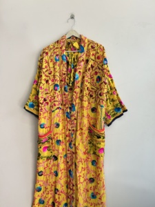 Bata de Algodón con Bordado Floral Amarillo para Mujer, Manga Larga, Informal, Larga, Hecha a Mano, Estilo Boho, Kimono, Ropa de Dormir, Chaqueta - Product Image 5