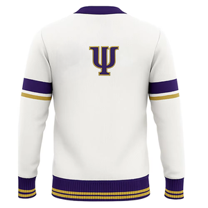Psi Phi <b>Cardigan</b> White Purple Gold V Neck Embroidered Greek Letters Preppy Style Autumn Sweater Adult Full Sleeve - Product Image 3