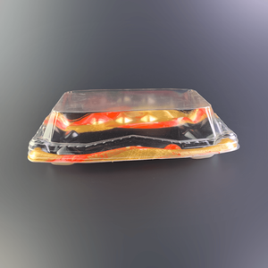 Barquette alimentaire jetable en PET avec couvercle transparent, design rouge et or, emballage blister pour sushis - Product Image 5