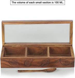 Wooden Spice <b>Box</b> | Hand Engraved Sheesham Wood Masala Dabba | Namak Daani with 3 Partitions & Spoon | Kitchen - Product Image 2