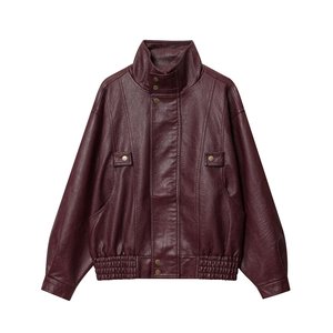 Veste de motard en similicuir vieilli pour femme, col montant, manches longues, marron, en cuir PU - Product Image 4