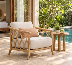 <b>Teak</b> Garden <b>Chair</b> With Beige Cushion And Tapered Legs Outdoor Tropical Style Furniture - Product Image 1
