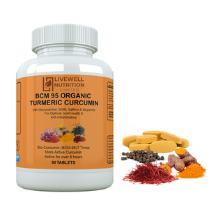 Livewell Nutrition BCM 95 Curcuma Curcumine avec Glucosamine MSM Safran Bioperine 90 Comprimés Santé des Articulations - Product Image 1