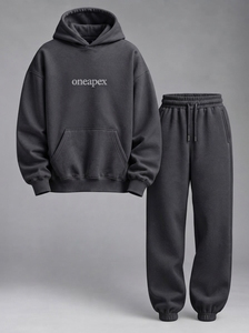 Ensemble de survêtement gris foncé pour homme, sweat à capuche et pantalon de jogging oversize, style streetwear, avec logo brodé personnalisé, en coton épais, deux pièces - Product Image 2
