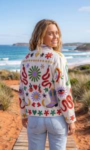 Colorful Embroidered Bomber <b>Jacket</b> With Mandarin Collar And Full Sleeve For <b>Women</b> Summer Wear - Product Image 2