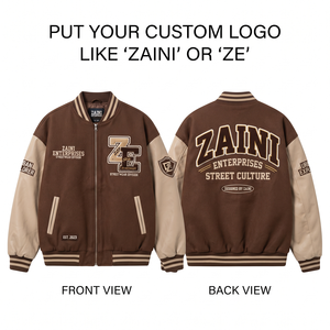 Veste universitaire haut de gamme en mélange de laine 400 GSM, marron avec empiècements crème sur les manches, bordure côtelée, broderie personnalisée, écussons en chenille - Product Image 1