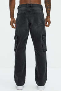 Pantalones Cargo de Mezclilla Lavada para Hombre, Cintura Alta, Corte Holgado, Estilo Utilitario, Color Sólido, Jeans de Algodón de Peso Medio, Ropa de Otoño - Product Image 3