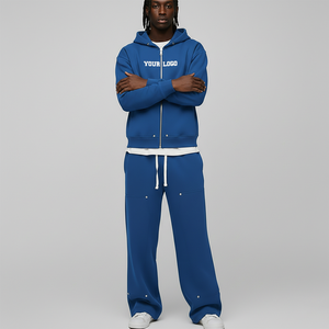 Survêtements d'hiver pour hommes en molleton 100% coton OEM, à capuche avec cordon de serrage, coupe mi-lourde, et pantalons de jogging à jambes larges, personnalisés, imprimés bleus - Product Image 1