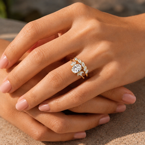 Anillo de compromiso de media eternidad con diamantes marquesa y moissanita de cinco piedras, chapado en oro amarillo de 10K para mujer - Product Image 6
