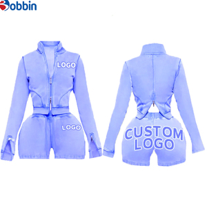 Conjunto de 2 Piezas para Mujer, Top Corto con Cierre Frontal y Trasero, Cuello Alto, Estilo Vintage, Lavado Ácido, con Logotipo Personalizado, Pantalones Cortos, Superventas - Product Image 2