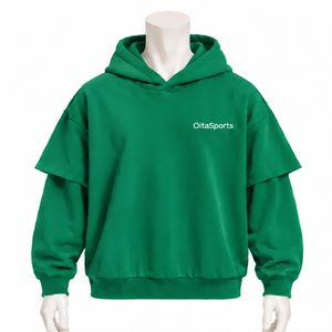 Sweat à capuche vert émeraude double couche, coupe oversize, manches superposées, épaules tombantes, style streetwear décontracté, épais, personnalisable - Product Image 1