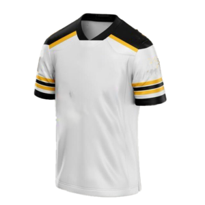 Maillot de football blanc pour homme à col en V avec rayures bleues et noires, manches courtes, en polyester respirant et anti-transpiration - Product Image 2
