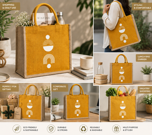 Geometric Pattern Jute Beach Tote <b>Bag</b> <b>Medium</b> <b>Size</b> Top Handle Groceries Shopping Yellow with White Silk Screen Design - Product Image 5