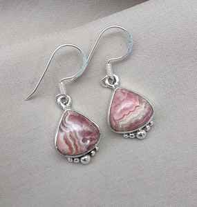 Boucles d'oreilles pendantes en rhodochrosite rose en forme de goutte d'eau, argent sterling 925, certifiées IGI, bijoux bohèmes pour mariage et soirée - Product Image 6