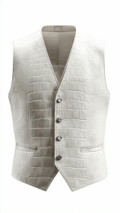 เสื้อกั๊กหนังผู้ชาย ปักลาย คอวี สีพื้น กระดุมแถวเดียว ปิดด้วยกระดุม - Product Image 1
