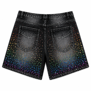 SHH INDUSTRIES Short en jean personnalisé pour homme, respirant, taille mi-haute, orné de strass et de boutons, avec ceinture florale en cristal, OEM ODM - Product Image 4