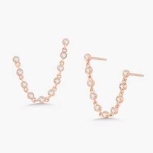 Wholesale Double <b>Piercing</b> Chain <b>Earrings</b> Push Back 14K Solid Gold Round Lab Grown Diamond Two Hole Ear Chain Studs Factory Price - Product Image 5
