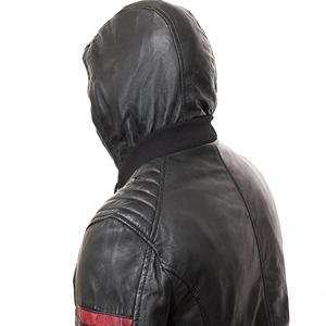 Chaqueta Bomber de Cuero Negra para Hombre con Capucha, Franjas Rojas de Carreras, Chaqueta Casual de Piel de Oveja Suave con Capucha, Corte Ajustado, Ropa Deportiva - Product Image 3