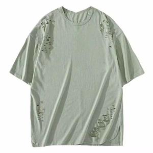 T-shirt personnalisé délavé effet soleil, gris vieilli, déchiré, style streetwear, avec logo personnalisé, pour homme, décontracté, 100% coton premium - Product Image 1