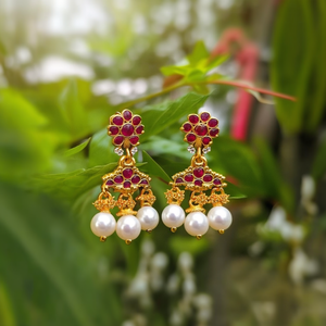 Ruby Jhumka 24K Gold Plated Pearl Drop Charm Earrings-Ethnic Religious Trendy Jewelry - Product Image 3
