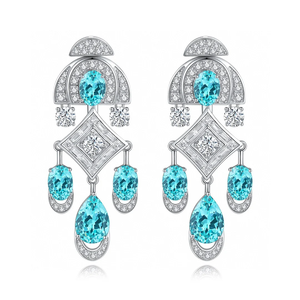 Pendientes de plata para mujer con topacio azul ovalado y detalles de diamantes redondos, joyería de lujo para boda - Product Image 3