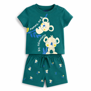 Ensemble T-shirt et short en coton tricoté imprimé koala Foxcotton Club, col rond, tenue décontractée d'été pour homme, vert - Product Image 1