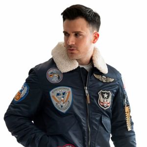 Blouson bomber bleu marine pour homme, respirant, col montant, doublure en sherpa, fermeture éclair, vêtements d'hiver, streetwear, style moto - Product Image 5