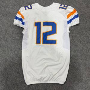 ชุดเสื้อฟุตบอลอเมริกันแบบปรับแต่งได้สำหรับ 12 คน พิมพ์ลายดิจิทัล สีขาว-น้ำเงิน ผ้าตาข่าย ระบายอากาศ แห้งเร็ว ป้องกันแบคทีเรีย - Product Image 1