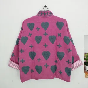 Vintage Suzani Jacket Women Hot Pink Cotton TNT <b>Garden</b> Heart Applique Handcrafted Boho Layering Coat - Product Image 3